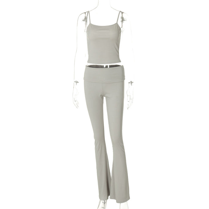 Women Clothing Summer Street Shooting Crop Top Spaghetti Strap Vest Slim Trousers Suit