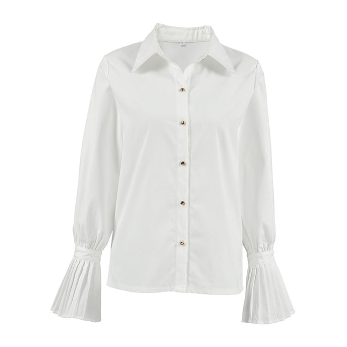 Autumn Design Bell Sleeve White Slim Fit Office Collared Shirt All Matching Simple Shirt Women Clothing