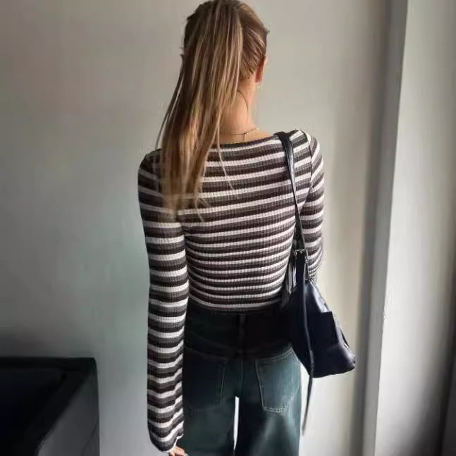 Women Autumn Bottoming Shirt Sexy Pullover round Neck Slim Striped High Grade Long Sleeve T shirt