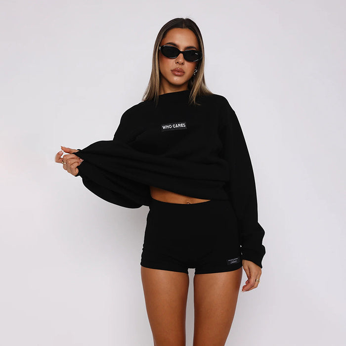 Round Neck Long Sleeve Loose Sweatshirt Women High Waist Print Tight Shorts Casual Sexy Sets