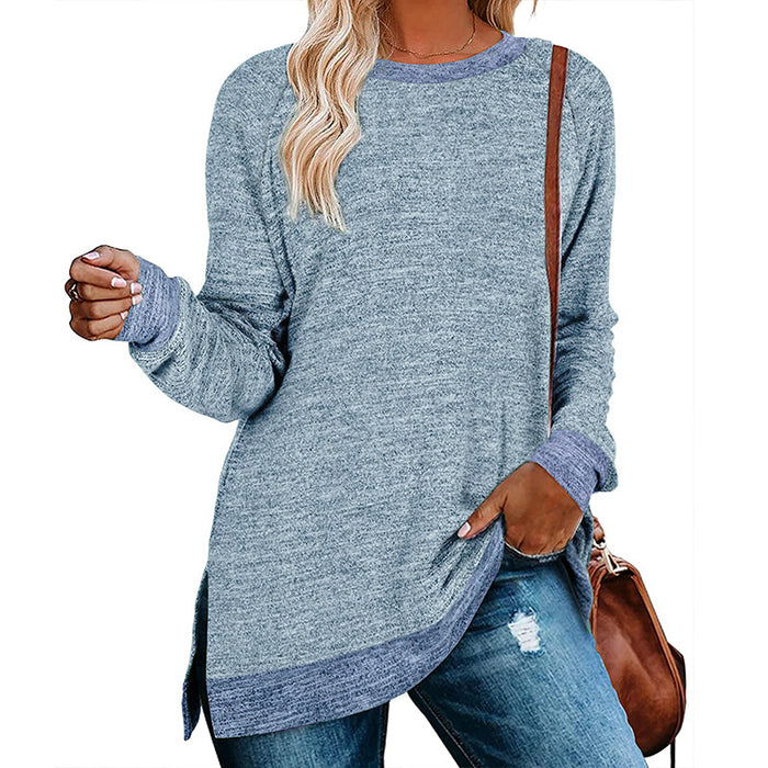 Women Clothing Long Sleeve round Neck Multicolor Split Top Loose Casual Pullover T-shirt