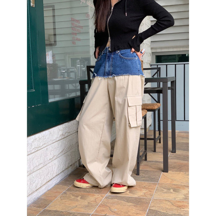 Retro Sexy Stitching Denim Cargo Pants Pocket Wide Leg Trousers Women High Waist Loose Slimming Straight Casual Pants