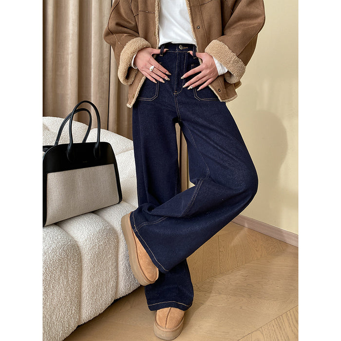 Ide Out Wear Retro Bright Line Double Pocket Design Fleece Straight Wide Leg Jeans