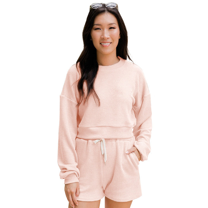 Autumn Winter Solid Color round Neck Pullover Long Sleeve Sweater Women Casual Shorts Suit