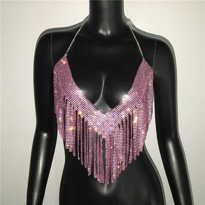 Women Clothing Metal Rhinestone Top Sexy Party Sexy Suit Rhinestone Nightclub Sexy Sling