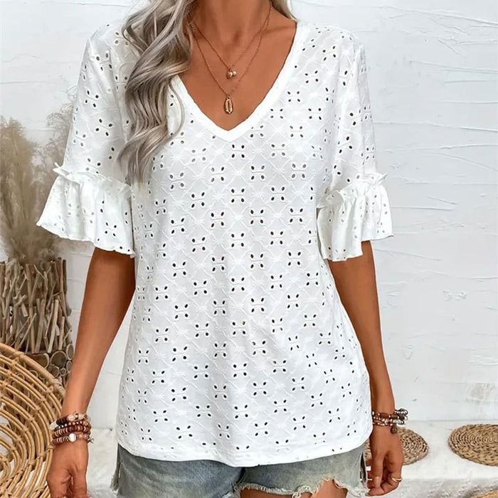 Women Knitted Embroidered Hollow Out Cutout Ruffled V neck Short Sleeved Shirt Women T shirt Women Spring Autumn