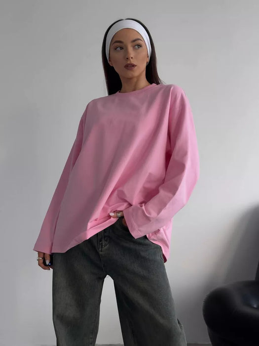 Cotton Solid Color Long-Sleeved T shirt Women Loose Fitting Casual round Neck Top