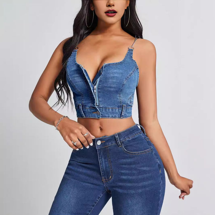 Women Clothing Deep V Plunge neck Backless Denim Camisole