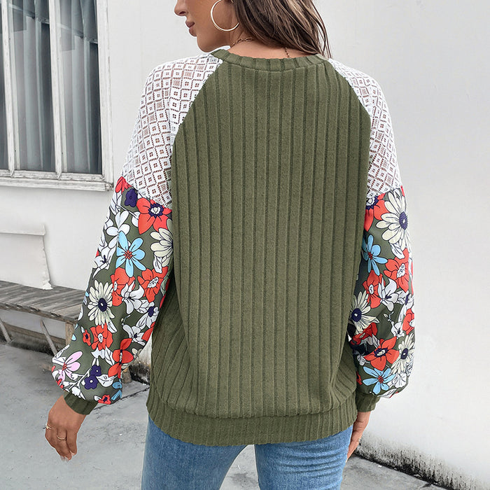 Knitted Top round Neck Floral Print Color Matching Sweater Women