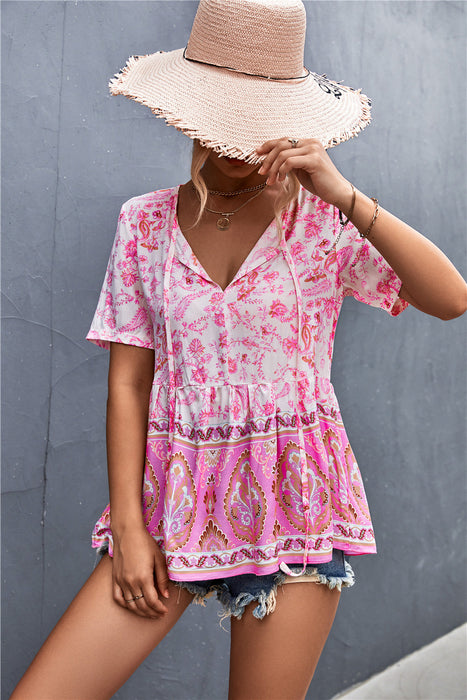 Spring Summer Bohemian V-neck Lace-up Positioning Floral Top Women