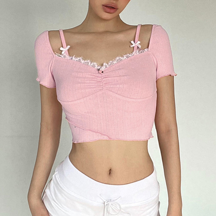 Sweet Spicy Sexy Shoulder Strap Square Collar Lace Short Sleeve T shirt Chest Shape Cinched Patchwork Wooden Ear Cropped Top