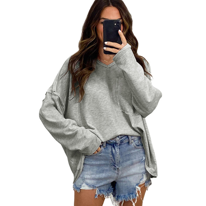 Autumn Gray Mid Length T shirt Women Long Sleeve Loose Top