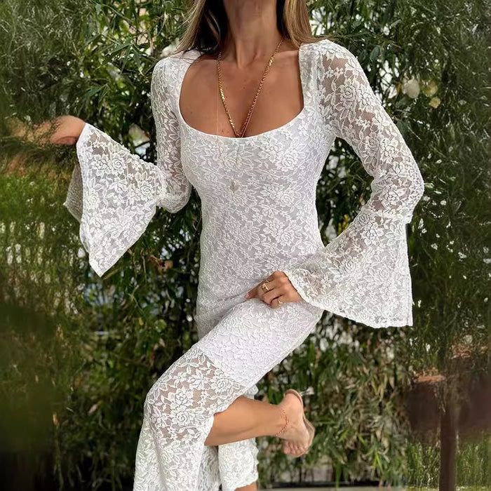 Summer Lace Bell Sleeve Slim Fit Slit Dress