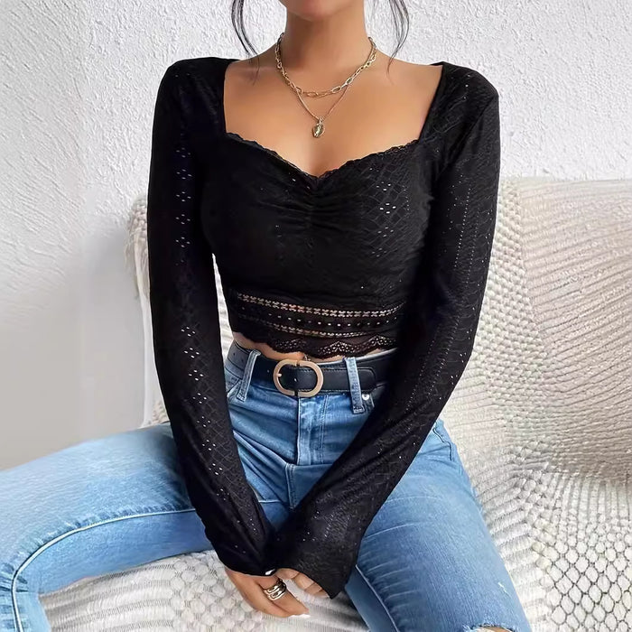 Summer Women Lace Pleated Square Collar Bottoming Long Sleeve T shirt Women