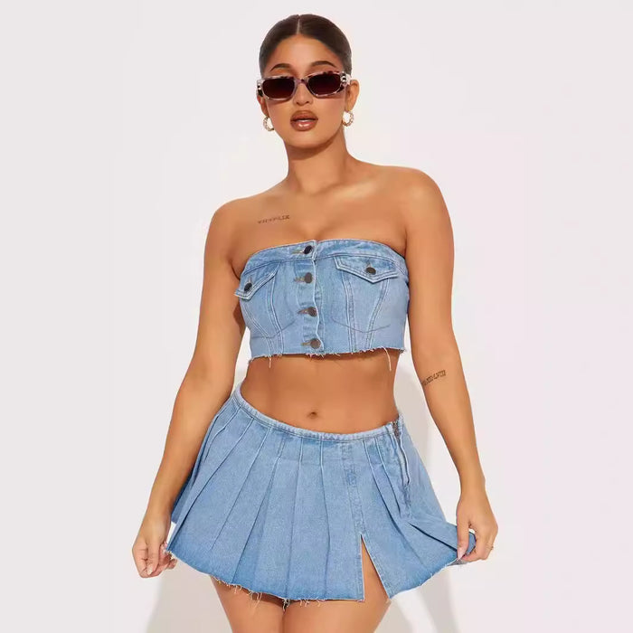 Street Trend Elastic Wrapped Chest Button Denim Split Skirt Set