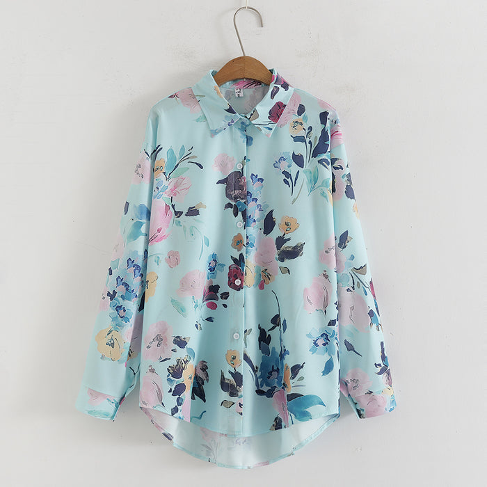 Women Print Loose Collared Long Sleeves Shirt