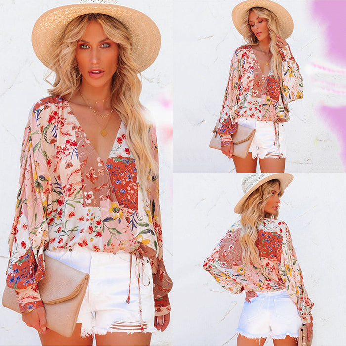 Spring Summer Floral V-neck Long Sleeve Loose Casual Shirt