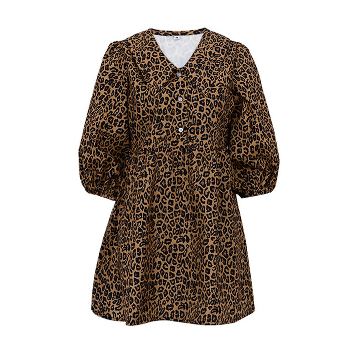 Women Clothing Peter Pan Collar Leopard Print Fashionable Elegant Spring Dress Half Sleeve A line Dress