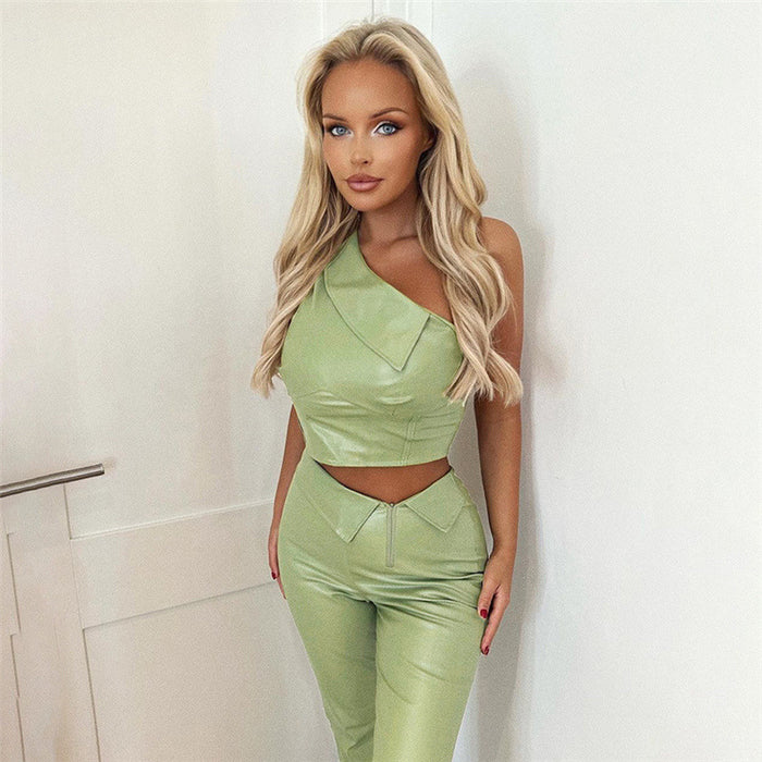 Women Clothing Summer Diagonal Collar Shoulder Vest High Waist Hip Straight Leg Trousers Set Faux Leather Women