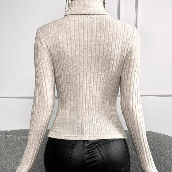 Fall Front Chest Hollow Out Cutout out High Neck Ribbing Fleece Bottoming Long Sleeve T shirt