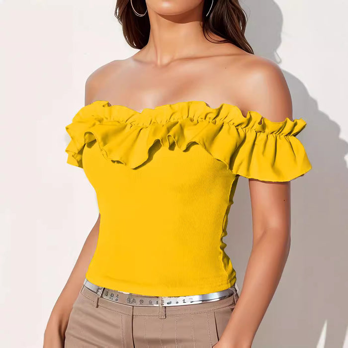 Elegant Women Clothing Solid Color Sexy Off The Shoulder Ruffled Decorative Top