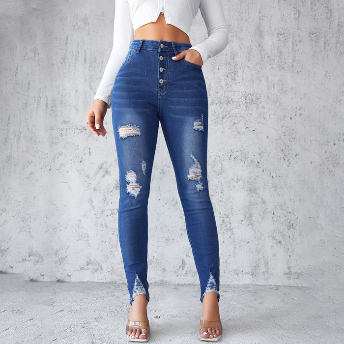 High Waist Tight Jeans Women Spring Slim Blue Breasted Tappered Pants Pencil Pants