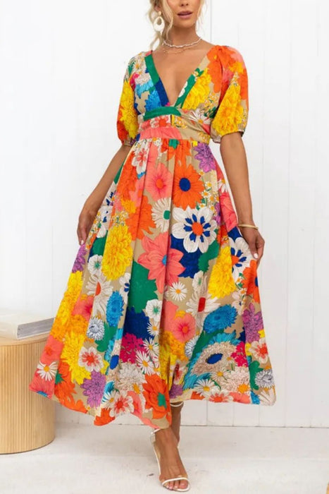 Summer Arrival V neck French Printed Puff Sleeve Casual Holiday Dress Women