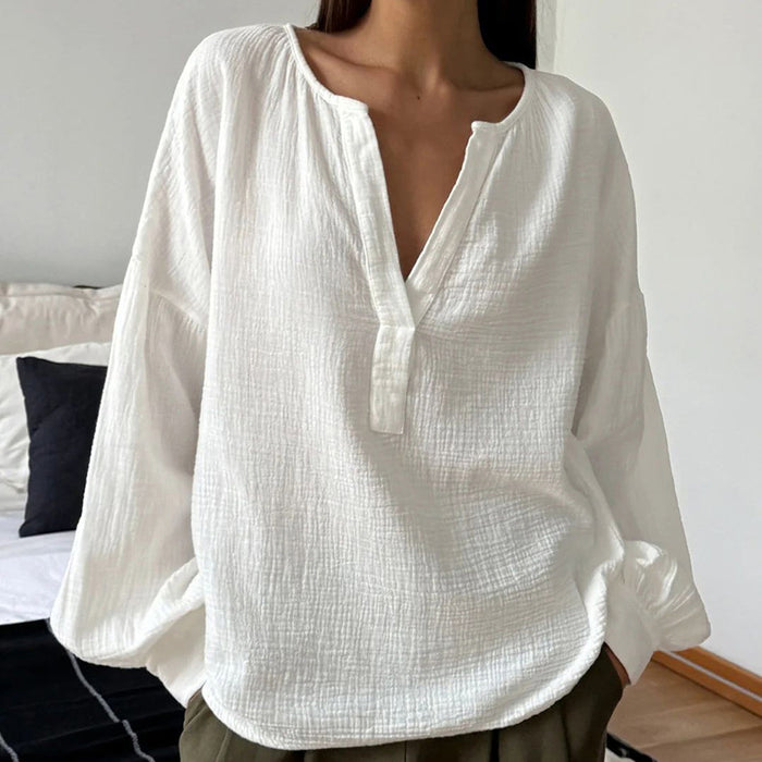 French Bubble Crepe Lantern Sleeve Loose Casual Shirt Autumn Arrival Top Women