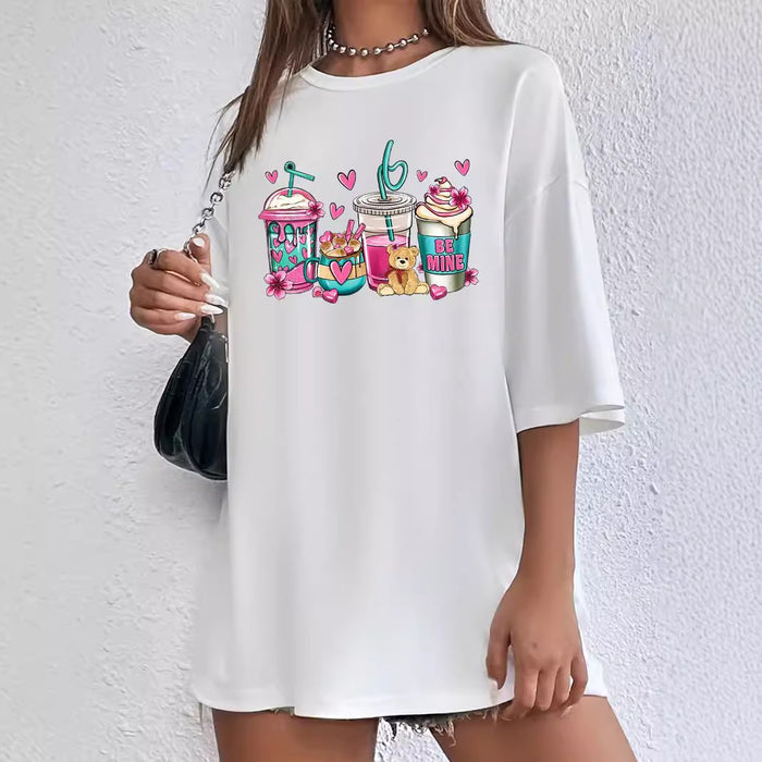 Summer Ladies Casual All Match Round Neck Cartoon Beverage Printing Short Sleeve Loose T Shirt