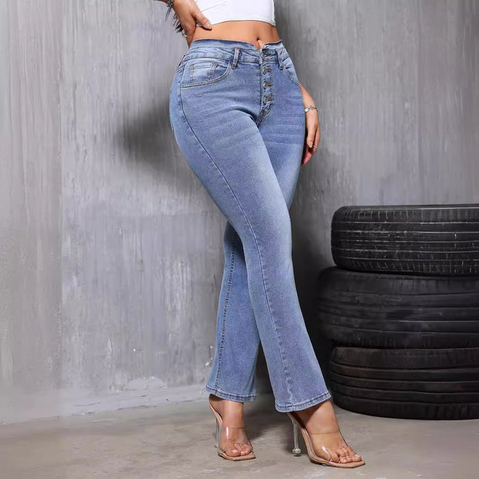 Summer High Waist Bootcut Jeans Women Fashionable Stretch Slim Fit Straight Speaker Trousers