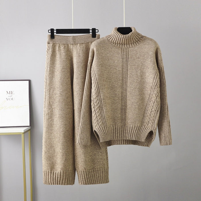 Turtleneck Pullover Thickened Knitting Sweater Casual Set Women Autumn Winter Loose Idle Wide Leg Pants Two Piece Set