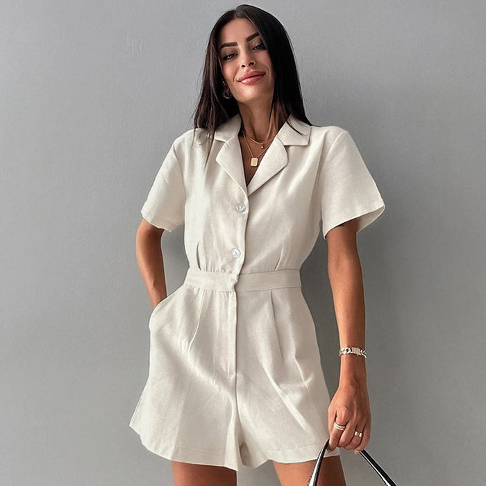 French Cotton Linen Suit Collar High Waist Casual Jumpsuit Women Clothing