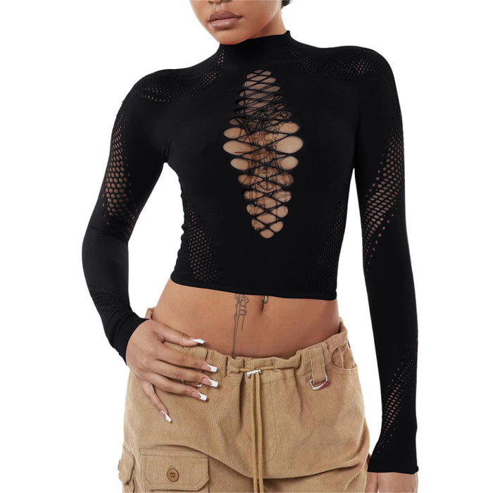 Solid Color Half Collar Sexy Slim Fit High Waist Cropped Hollow Out Cutout Out One Piece Knitted Top