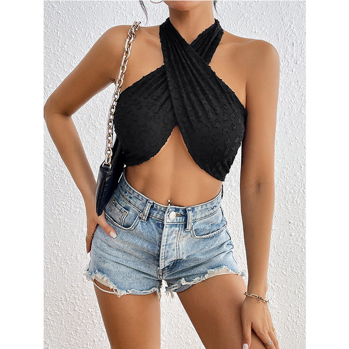 Summer Solid Color Black Knitted Tight Sleeveless Halter Top