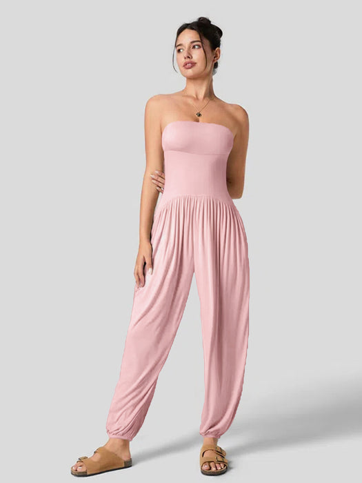 Casual Summer Tube Top Ankle Tied Jumpsuit Backless Pleated Pocket Bloomers One Piece Trousers for Women