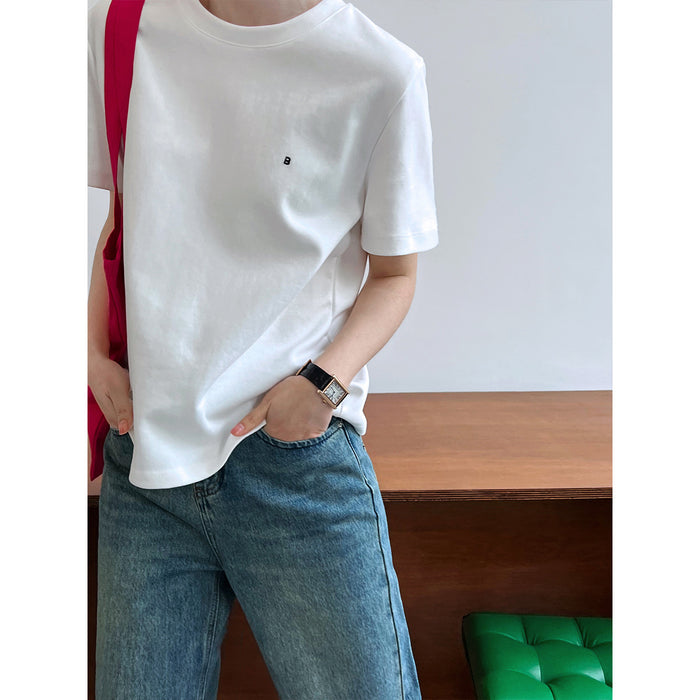 Letter Graphic Embroidered Simple Short Sleeved T Shirt Women Spring Summer Inner Wear Pullover Bottoming Shirt Shoulder Top