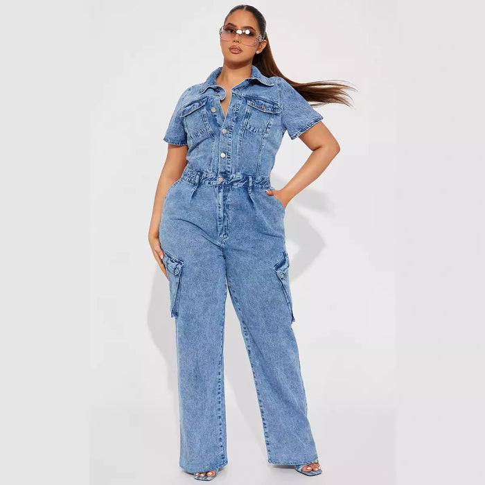 Tight Waist Slim Elastic Fried Floral Wash Denim Jumpsuit Jumpsuit Bell Bottom Pants