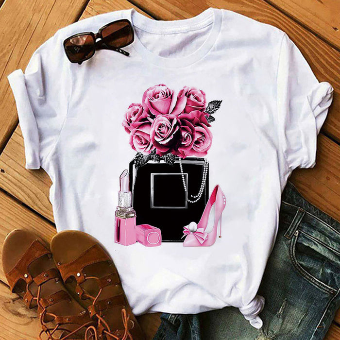 Women T shirt Spring Summer Women Clothing Top Print round Neck Top T-shirt