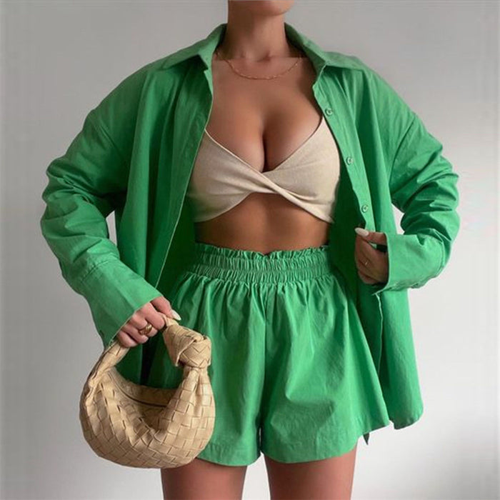 Spring Summer Two Piece Set Solid Color Single Breasted Long Sleeve Collared Shirt Shorts Loose Casual Set