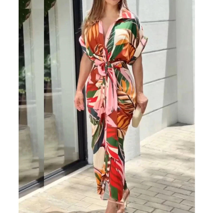 Products Women Printed Short Sleeve High Waist Cardigan Irregular Asymmetric Dress Long Dress