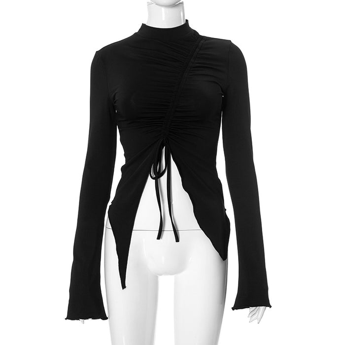 Half Turtleneck Collar Long Sleeve Irregular Asymmetric Design Drawstring Women Clothing