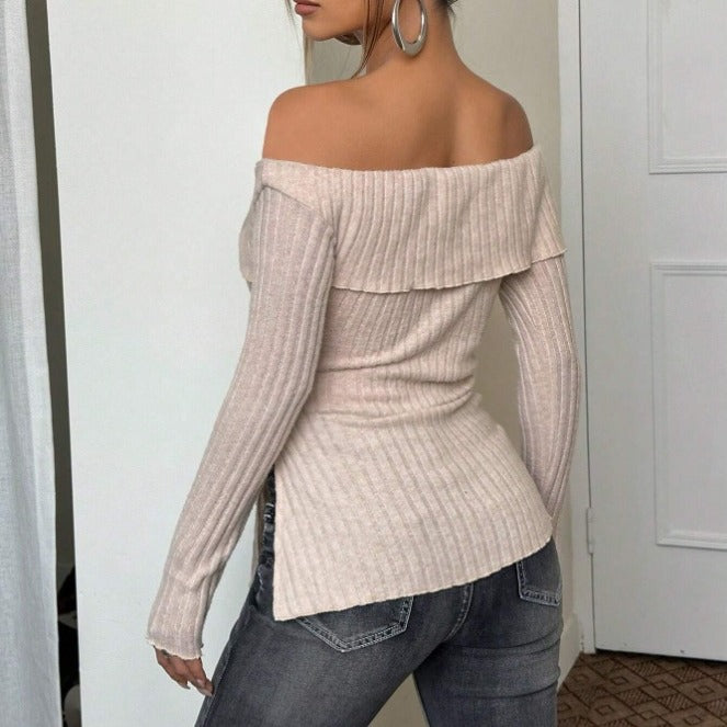 Autumn Winter Solid Color Long Sleeve Off Shoulder Hem Slit Top Women