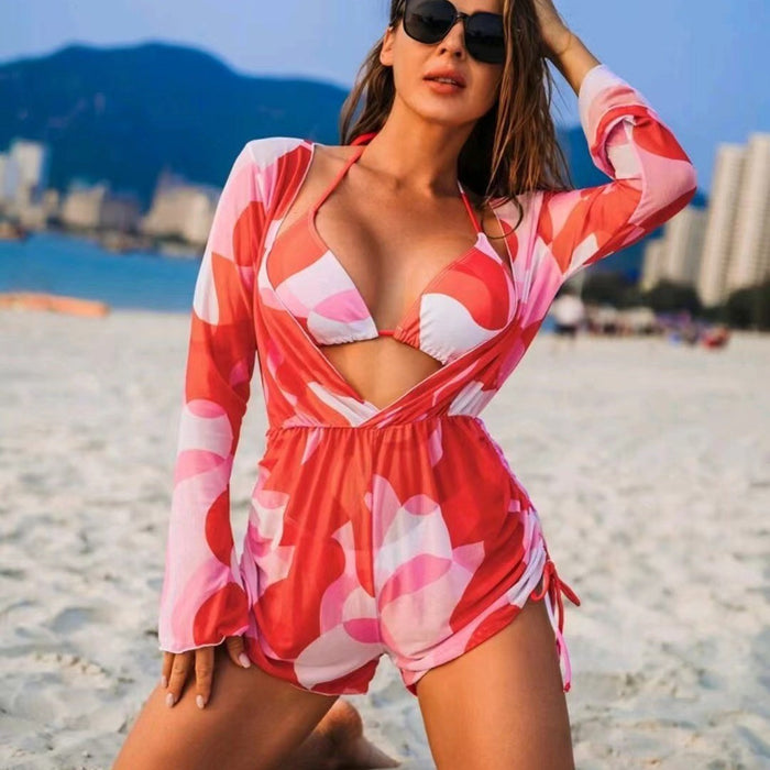 Swimwear One Piece Long Sleeves Mesh Outerwear Bikini Three Piece Swimsuit Women Bikini