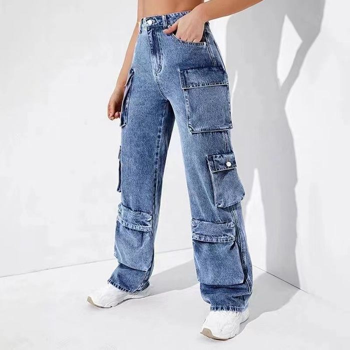 Women Jeans Overalls High Waist Flap Pocket Women Pants Loose Fit Women Pants