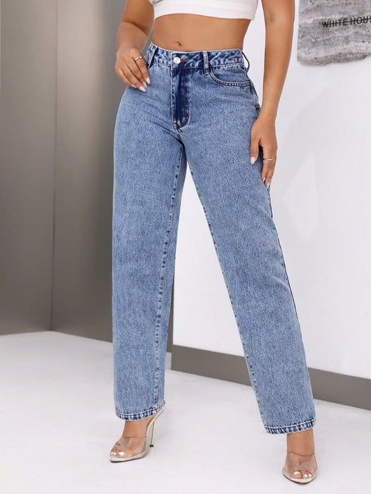 Women Retro High Waist Denim Straight Leg Trousers