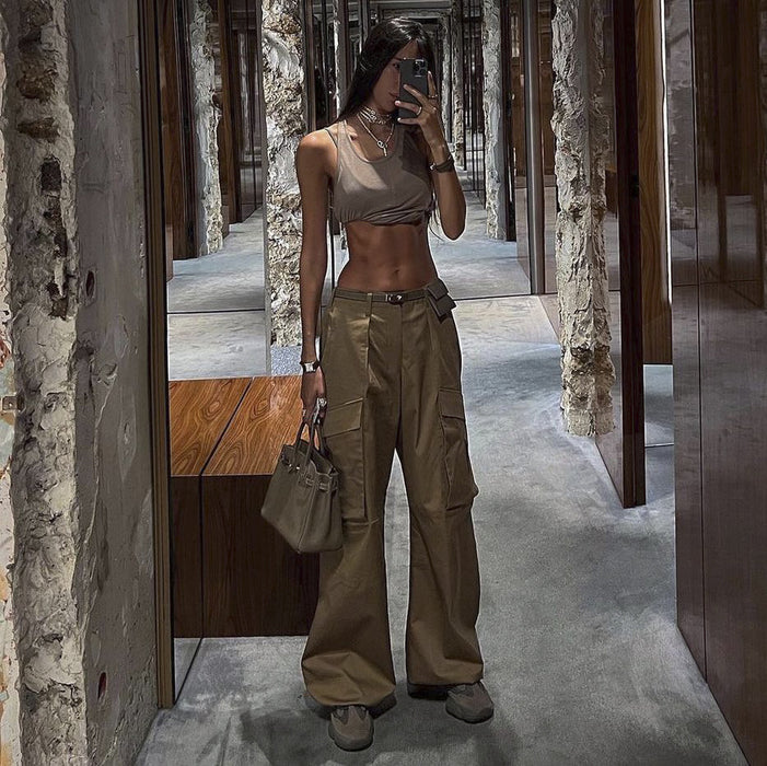 Low Waist Retro High Street Multi Pocket Cargo Pants Women Summer Sexy Stitching Casual Straight Leg Wide Leg Pants