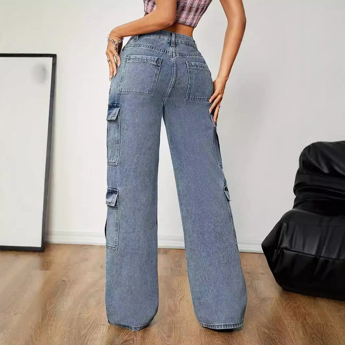 Women Denim Trousers Women Jeans Stretch Multi Pocket Jeans No Belt