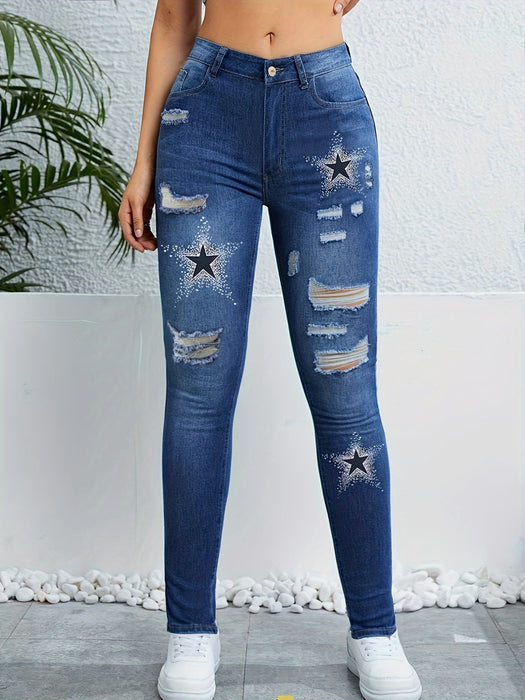 Spring Summer Holes Cut Rotten Contrast Color Printed Denim Skinny Denim Trousers