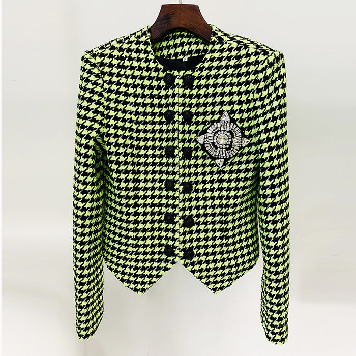 Cool Logo Beaded round Neck Fluorescent Green Houndstooth Woolen Jacket Coat