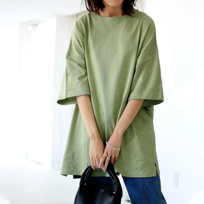 Loose Large Cotton T Shirt Women Side Slit Casual Mid Length Top